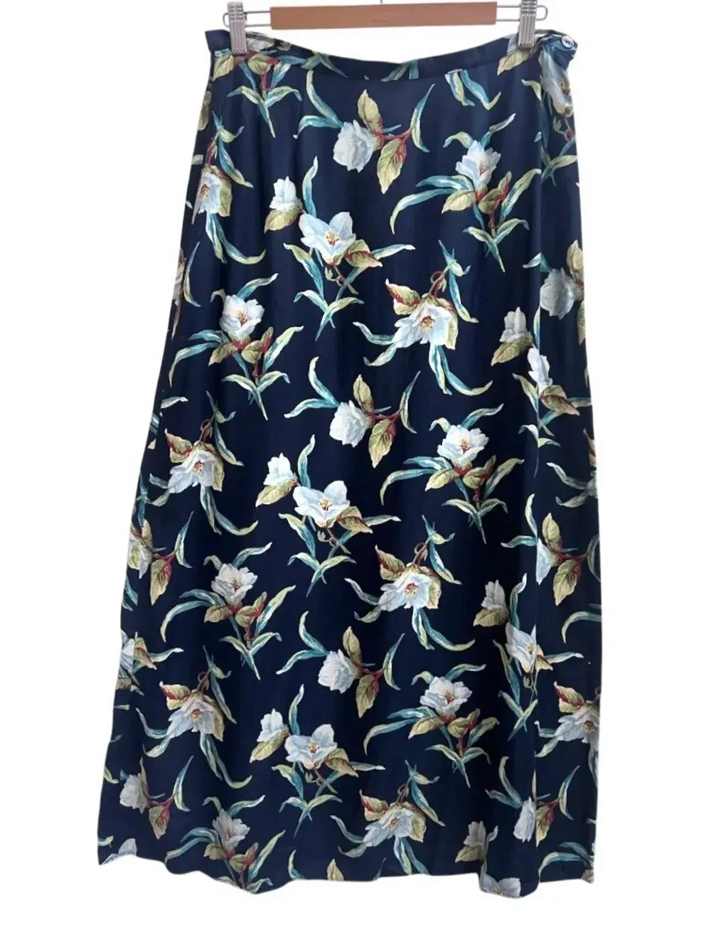 Laura Ashley Maxi Skirt US 12 Navy Blue Lily Floral Print Made in UK Cottagecore